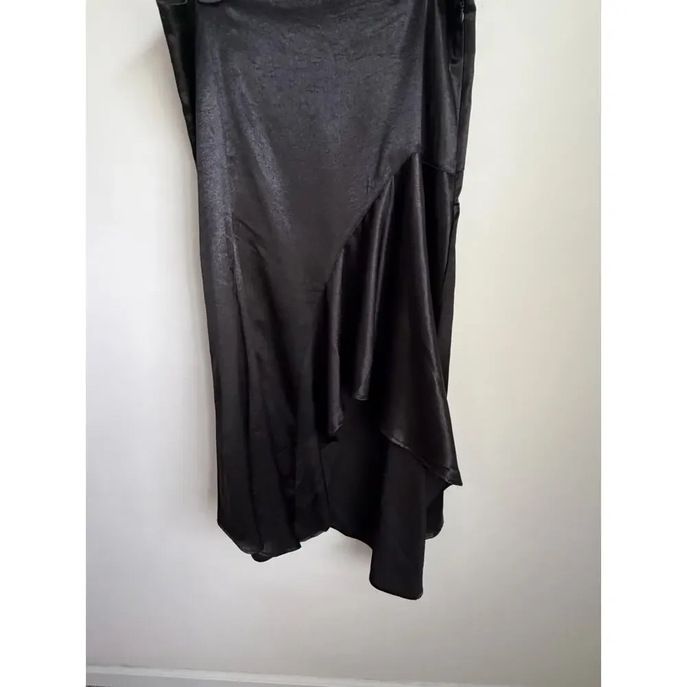 Free People Sunrise Satin Mid-Rise Asymmetrical Midi Skirt Black Womens Size 14